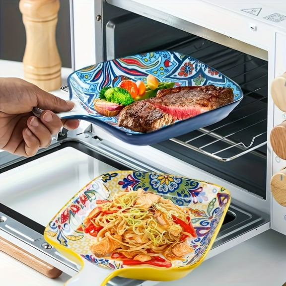 4-Piece Bohemian Ceramic Baking Plate Set - 9-Inch with Handles - Dishwasher/Microwave/Oven Safe - Perfect for Pasta, Salads - Elegant Gift