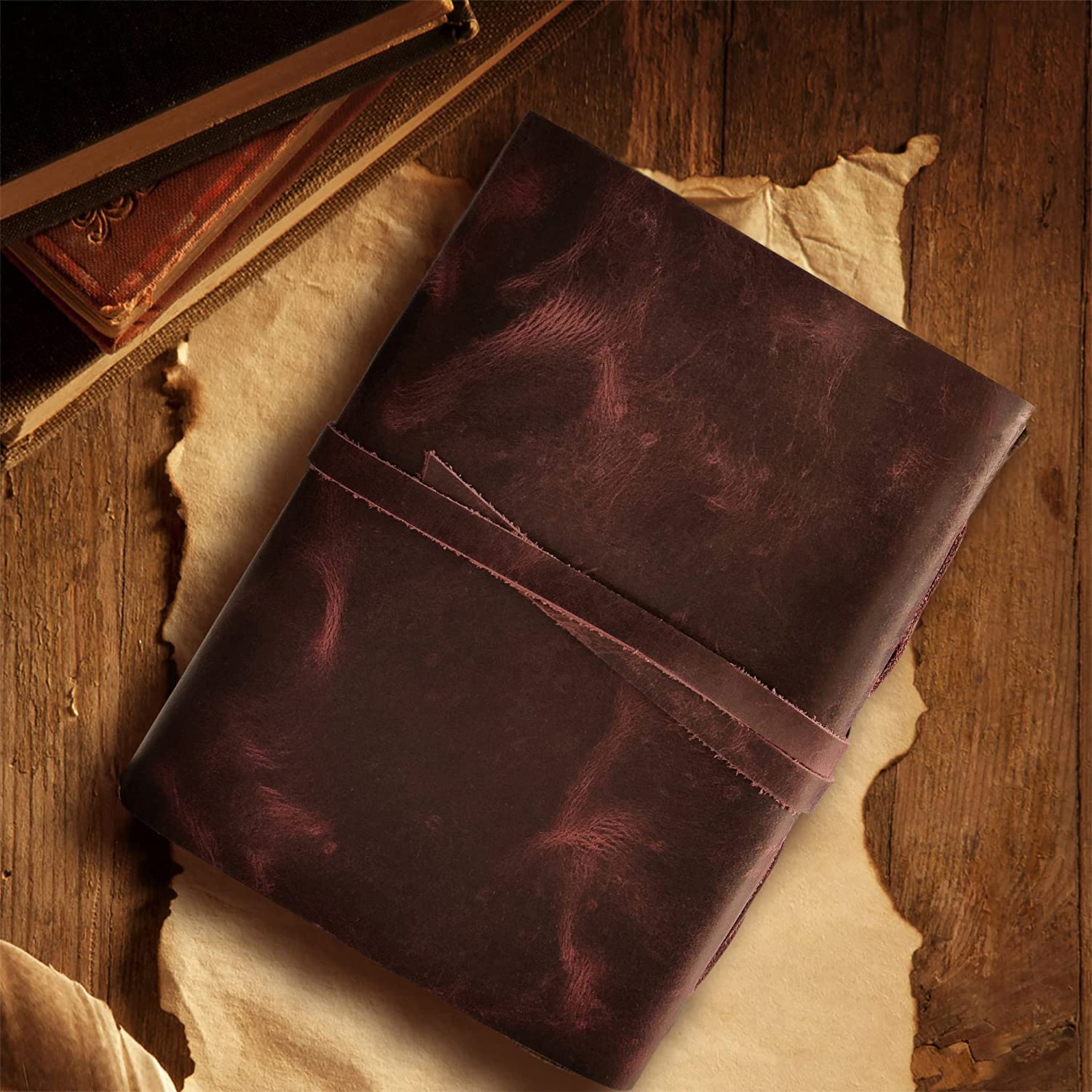 Leather Bound Journal - A5 Handmade Antique Deckle Edge Paper - Leather Sketchbook - Book of Shadows Journal - Thick Journal - Vintage Travel Diary for Men Women, Mauve - image 5 of 8