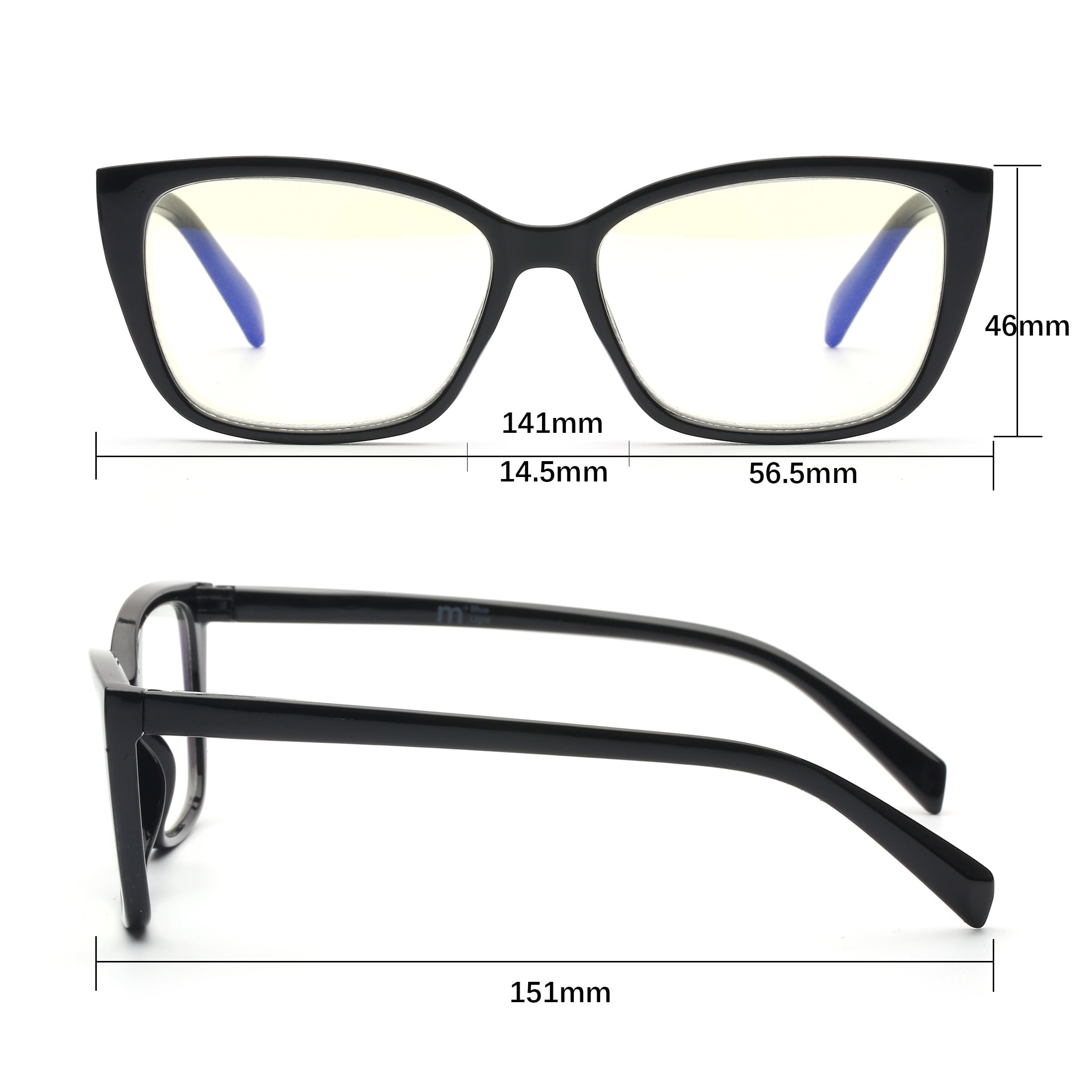 M+ Plano Blue Light Lens Injection Womens Frames, Nell, Black, 56.5-14.5-144, with Case