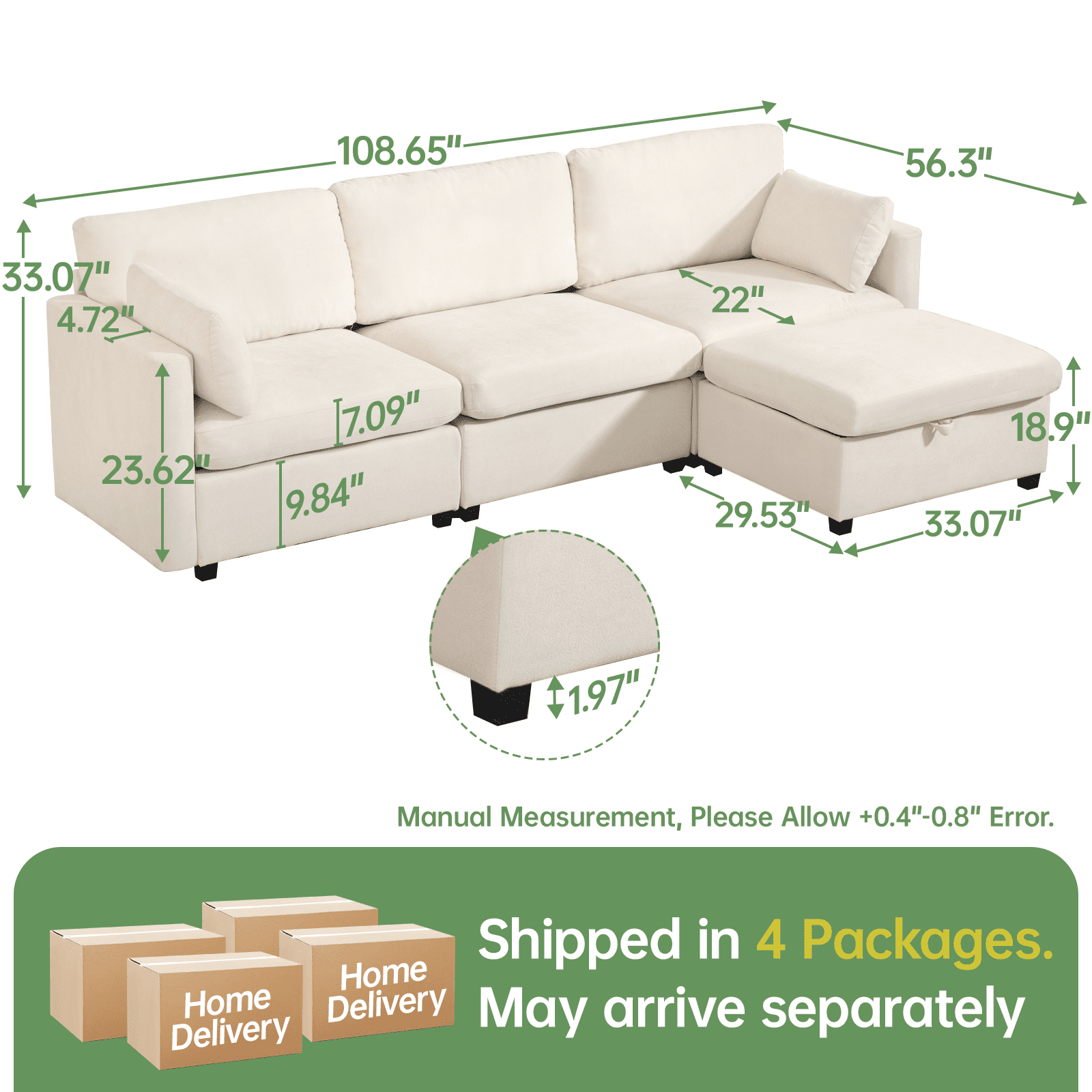 109" Modular Sectional Sofa Sleeper Bed with Storage Ottoman, Oversized Deep Seat Cloud Couch with Movable Ottomans, Convertible 4-Seat L-Shaped Sofa for Living Room or Apartment (Low Legs 1.97")