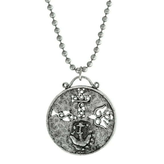 Symbols Of Faith Cross Dove Fish And Anchor Round Medallion Pendant Necklace 22"