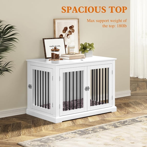 Furniture Style Dog Crate with Cushion, Medium Pet Kennel for Small Dogs, Decorative White Cage with Flip-top Plate