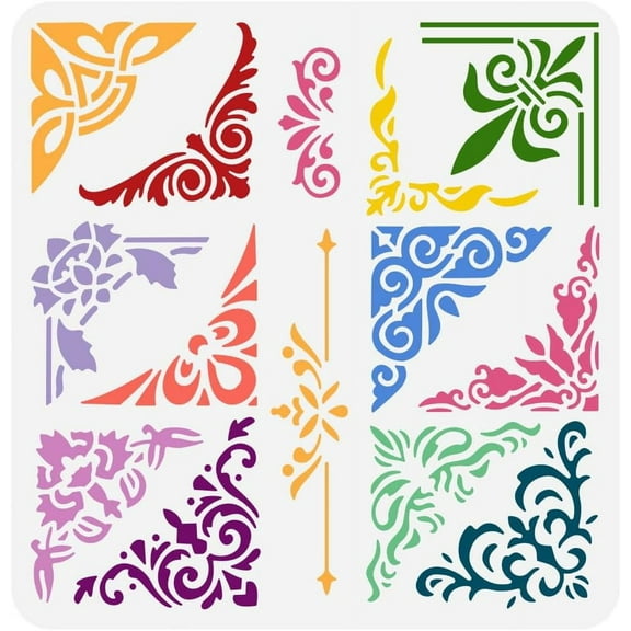 1 pc Floral Corner Stencil 11.8x11.8 inch Decorative Borders Painting Template 12 Styles Corner 2 Styles Borders Pattern Stencil for Painting on Wood Wall Fabric Paper Furniture