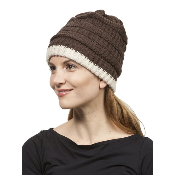 Gravity Threads 2 Tone Stripe Knit Beanie, Brown/Beige