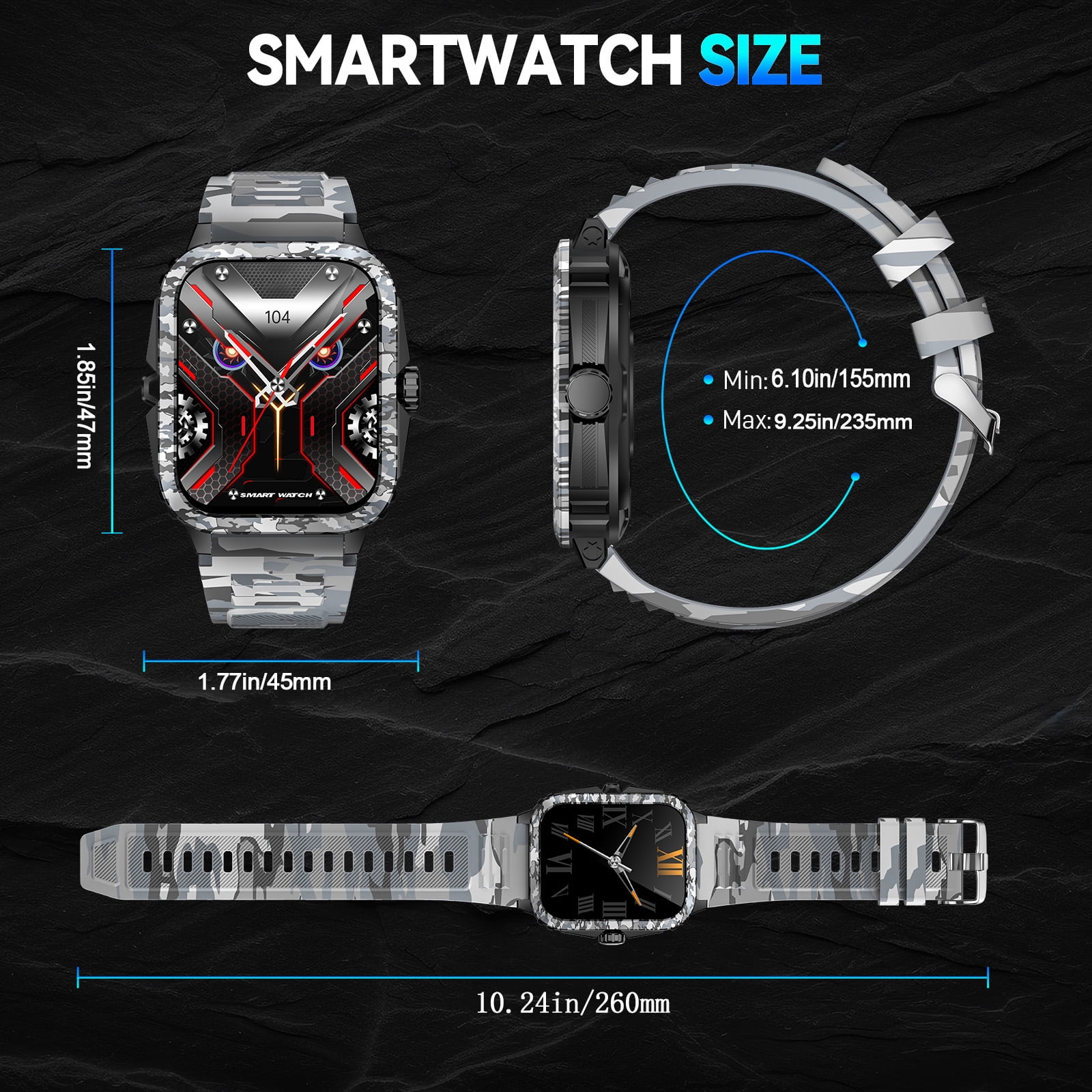 EIGIIS KT71 Smart Watch for Men, 1.96'' Big Screen 3ATM Waterproof Rugged Outdoor Smartwatch with Sports Swimming Watch for Android iOS, 1pc
