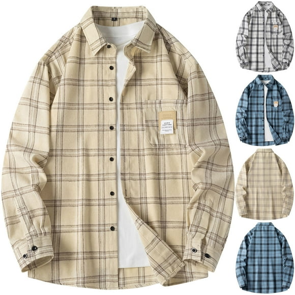UVEASISHA Mens Lightweight Shacket Flannel Plaid Shirt Jacket Business Casual Long Sleeve Button Down Shirts with Pocket 2025 Fall Fashion Clothes Sales Today Clearance,White,XL