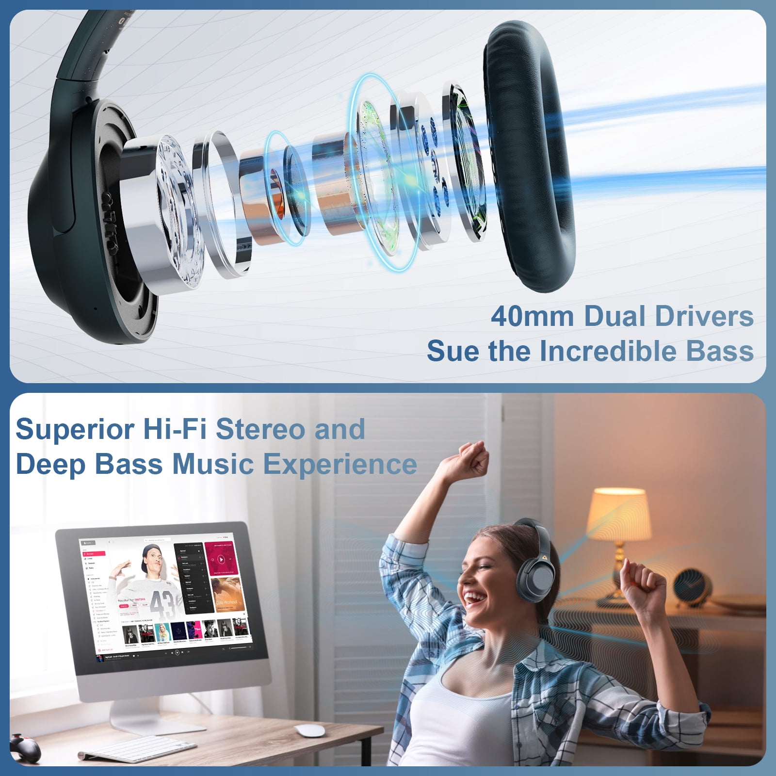 Ankbit E500Pro Noise Cancelling Headphones, Wireless Bluetooth Over Ear Headphones, 60 Hrs Playtime Hi-Fi Stereo Built-in Mic, for Home/Office/Travel/TV - Blue