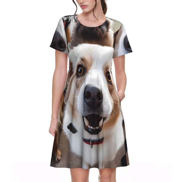 Disketp Realistic Cute Puppy para Vestido de Manga Corta para Mujeres, Vestidos de Verano para Mujeres, Casual y Holgado para la Playa