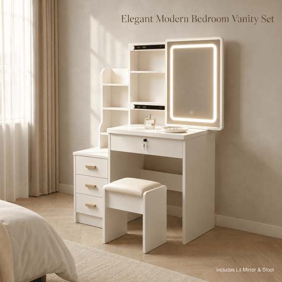 Cream White Makeup Vanity with LED Mirror, Stool & 4 Drawers
