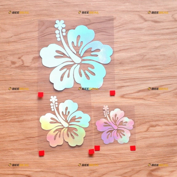 Hibiscus Flower Hawaii Hawaiian Decal Sticker Vinyl - 3 Pack Holographic Iridescent, 3 Inches, 4 Inches, 6 Inches - No Background Die Cut for Car Boat Laptop Cup