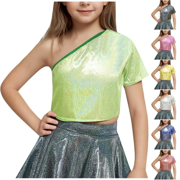 GERsome Girls One Shoulder Tank Tops Metallic Shiny Sleeveless Crop T-Shirts Sparkle Glitter Party Dance Going Out Outfits, Sizes 3-16 Years