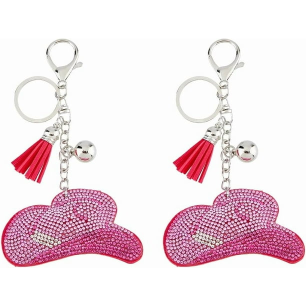 2 llaveros con diamantes de imitación y sombrero de vaquero, llaveros con sombreros rosas, dijes brillantes para monedero, accesorios de vaquera, llaveros bonitos.