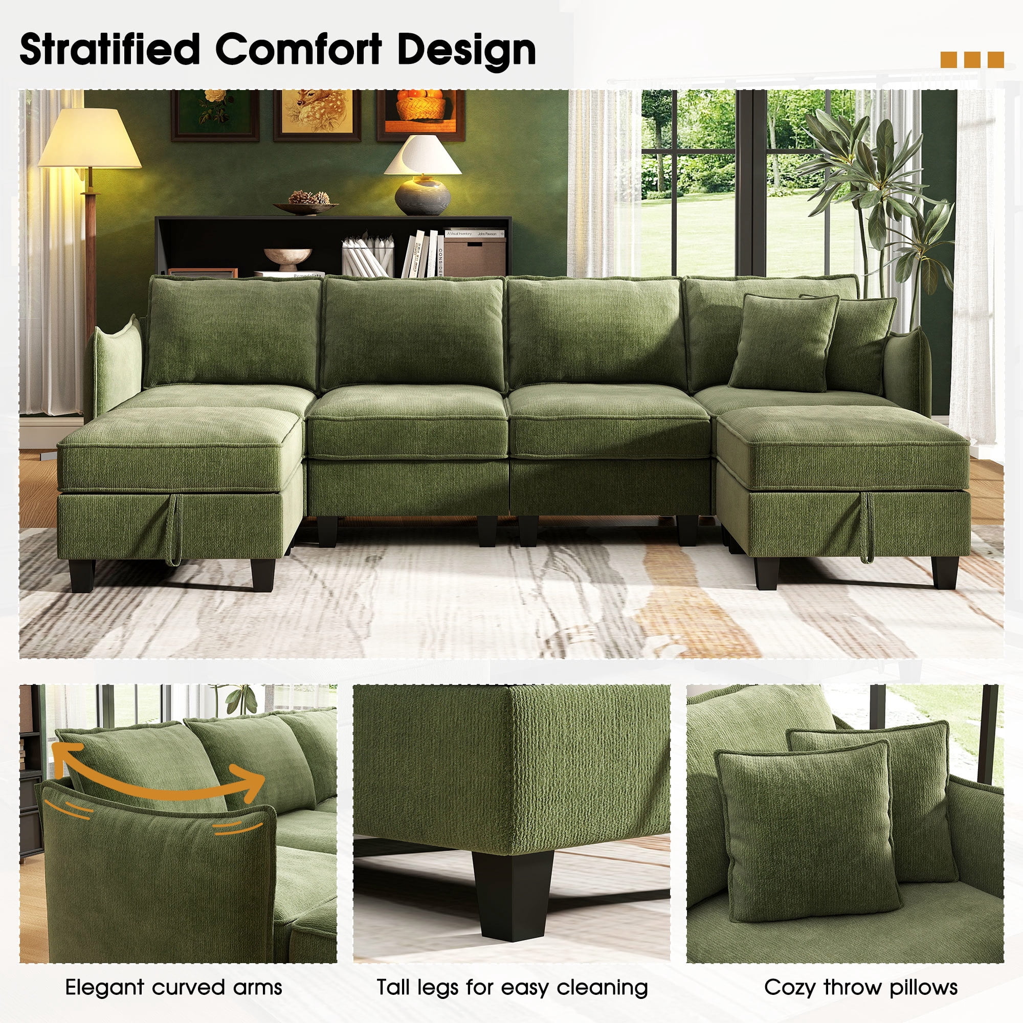 BedLuxury 112" Large Modular Sectional Sofa with 2 Movable Storage Ottoman, Cloud Couch Seats 6, Modern Living Room Furniture, Chenille Green