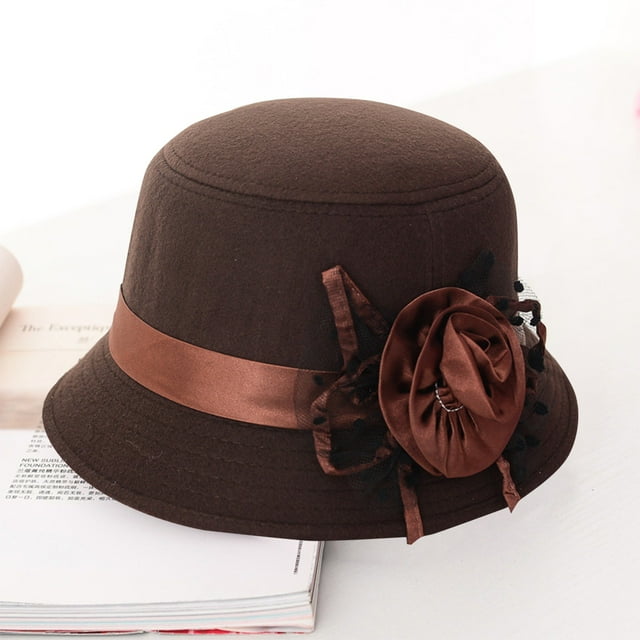 Women Solid Color Woolen Flower Decor Wide Brim Warm Cloche Bowler Hat