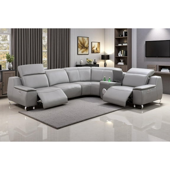 Leather Reclining Sectional Sofa with 2 Recliners for Living Room, Power Reclining Sofa Couch with USB Ports, Grey Top Genuine Cowhide Leather Couch with Console for Home/Office