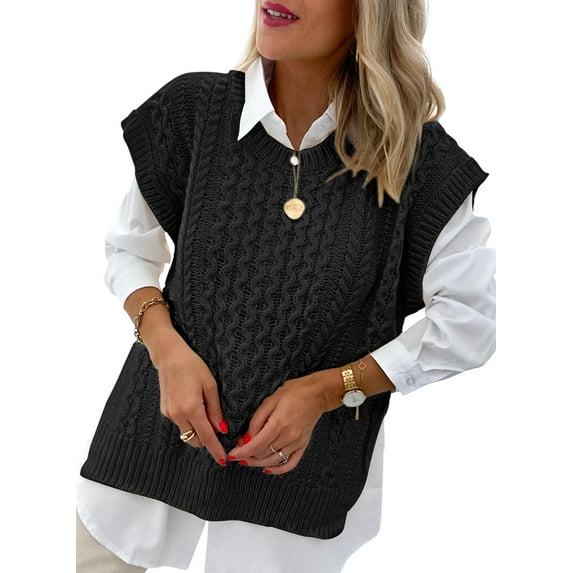 Asyoly Women's Winter Cable Knit Sweater Vest Crew Neck Sleeveless Knitted Jumper Trendy Pullover Tops