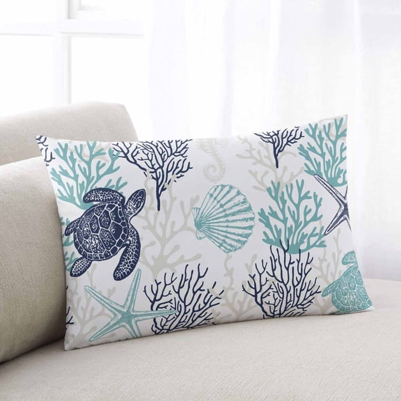 Teal Blue Coastal Standard Size Pillow Cover,Pillowcase Protectors with Zipper,Breathable Decorative Throw Pillow Case Cover,Sea Turtle Nautical Coral Summer Beach Pillow Shams for Couch 20x26Inch