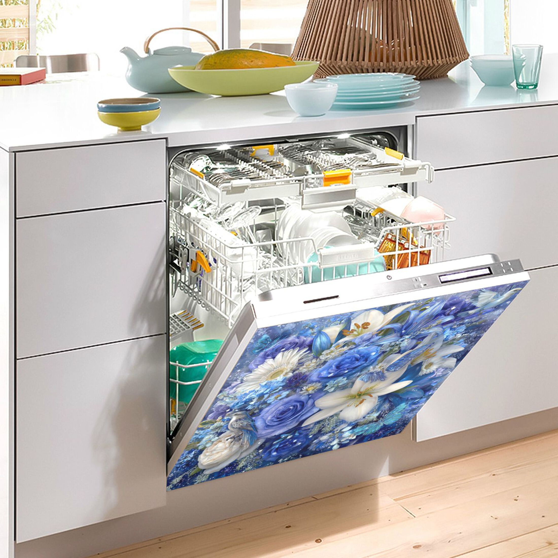 Dishwasher Magnetic Refrigerator Magnet Cover Sticker Home Decorative 23"x26" Blue and White Crystal Roses