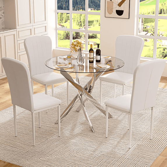 5 Piece Round Glass Dining Table Set For 4 Modern Kitchen Table And Chairs With Tempered Glass Top Small Space Furniture For Apartment Living Room (4 White Chairs)