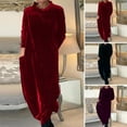thumbnail image 2 of comerut Women Dress Round Neck Loose Solid Color Long Sleeve Soft Pullover Warm Mid-calf Length Lady Casual Midi Dress, 2 of 8