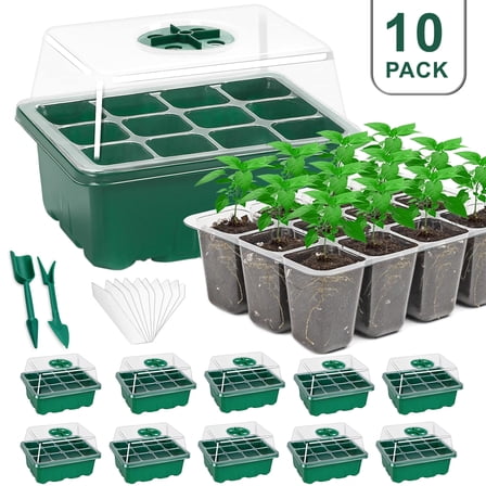 Fabulas Seed Starter Tray Kit, 10 Packs Seedling Starter Trays with Humidity Dome and Base, Reusable 120 Cells Plant Germination Trays for Mini Greenhouse Propagator Indoor Garden