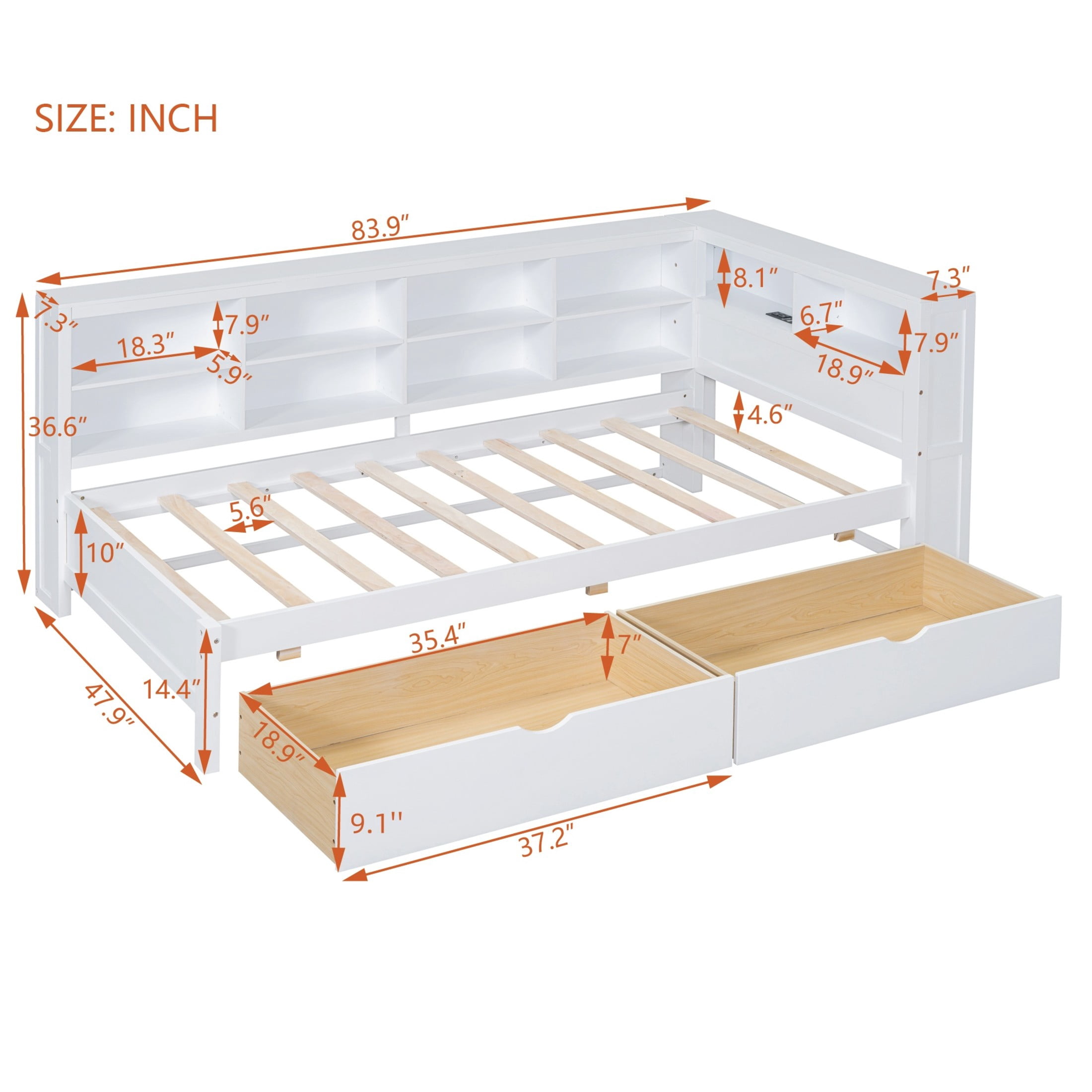 Noble House Twin Wooden Daybed with 2 Drawers, Storage Shelves and USB Charging Ports, White
