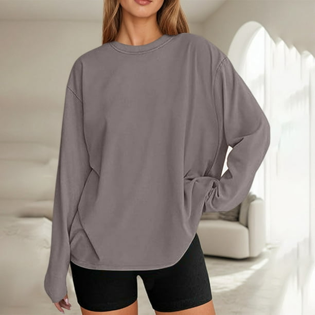 MHFRRA Camiseta de Manga Larga Oversize de Moda, Informal, Básica, con Cuello Redondo, para Uso Diario. Café