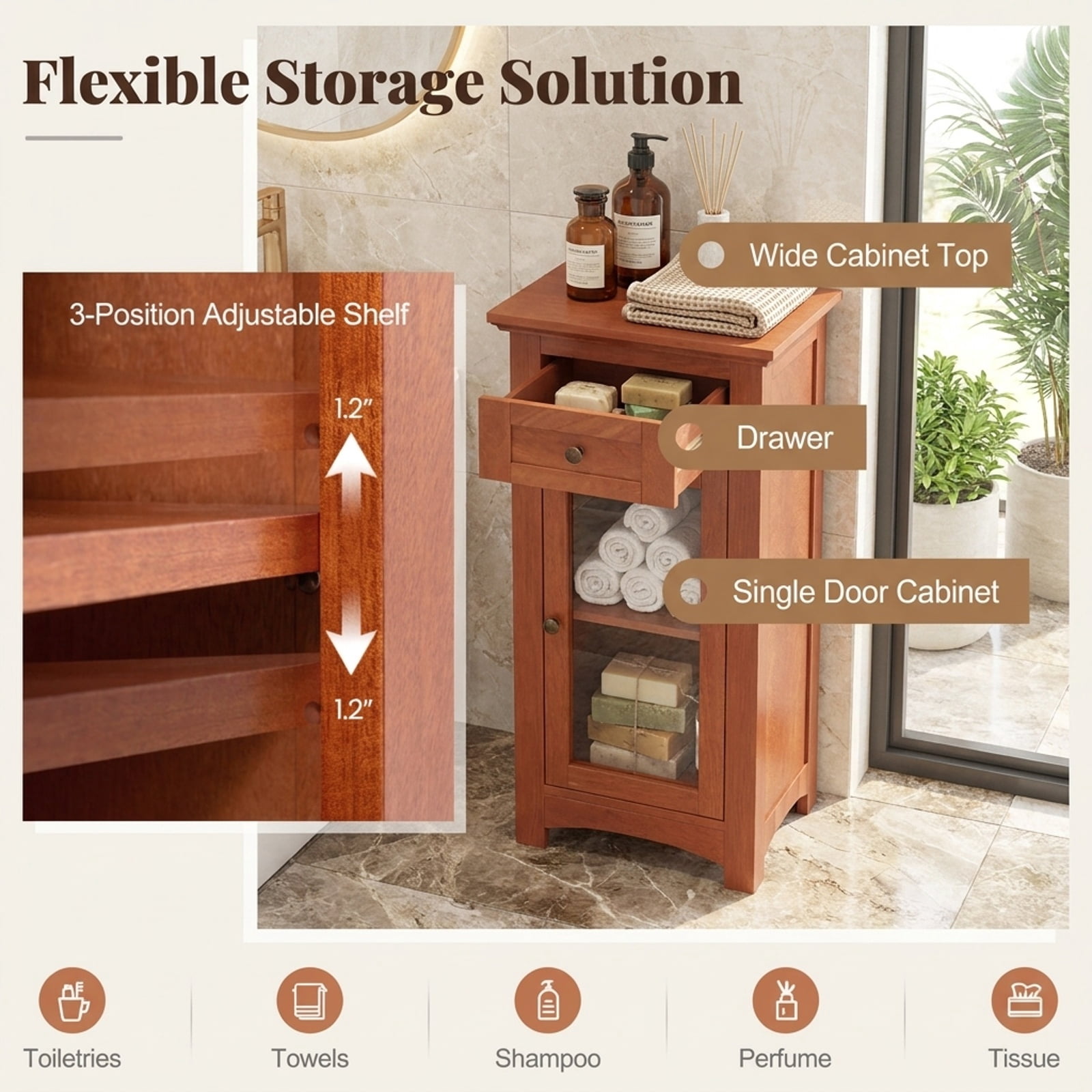 Vebreda Freestanding Bathroom Storage Cabinet, Bathroom Freestanding Storage Cabinet with Single Glass Door, Sturdy Glass Door
