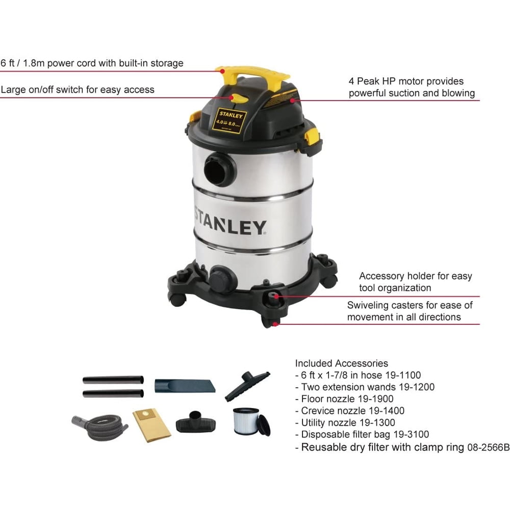 Stanley 8 Gallon, 4 PHP Stainless Steel Wet/Dry Vacuum SL18117