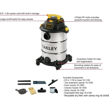 Stanley SL18117 Portable Stainless Steel 8 Gallon Wet Dry Floor Vacuum & Blower