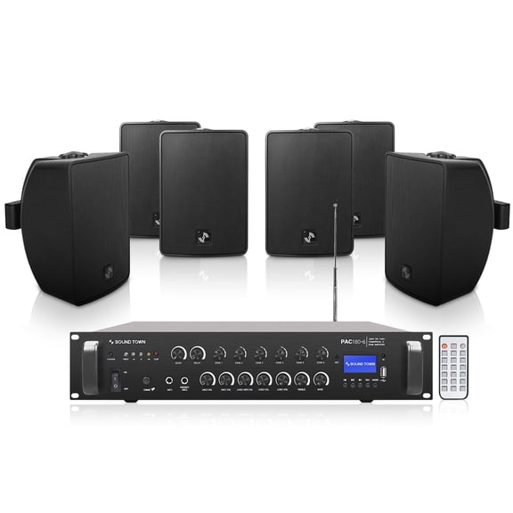 Sound Town Commercial Restaurant Bluetooth Amplifier   Surface-Mount Speaker Set, with One 6-Zone 70V/100V Amplifier with Bluetooth, 6 x 4.5-Inch Surface-Mount Speakers, Black (PAC180X6TV4B)