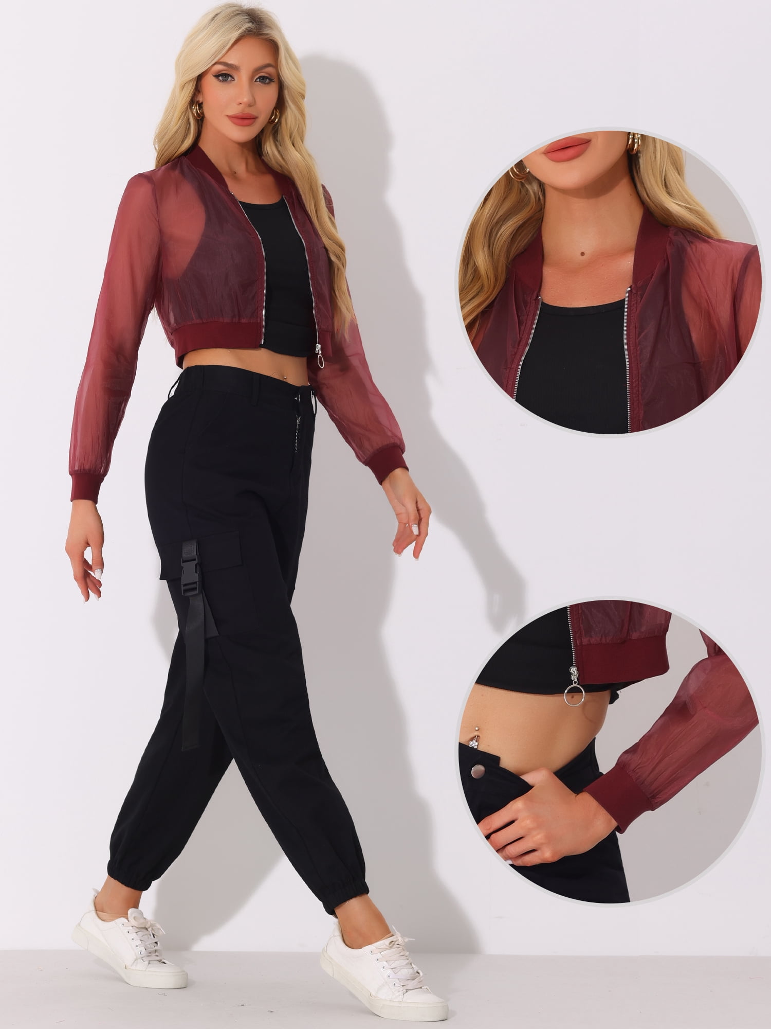 DARING DIVA Crop Bomber Casual Lightweight Zip Up Jackets M Burgundy