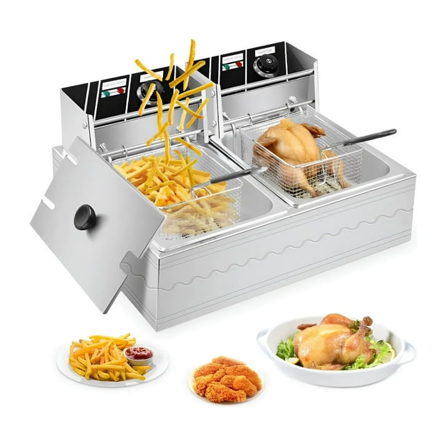 Freidora de Aceite Eléctrica con Doble Canasta y Termostato 3000 W - 12 L de Acero Inoxidable