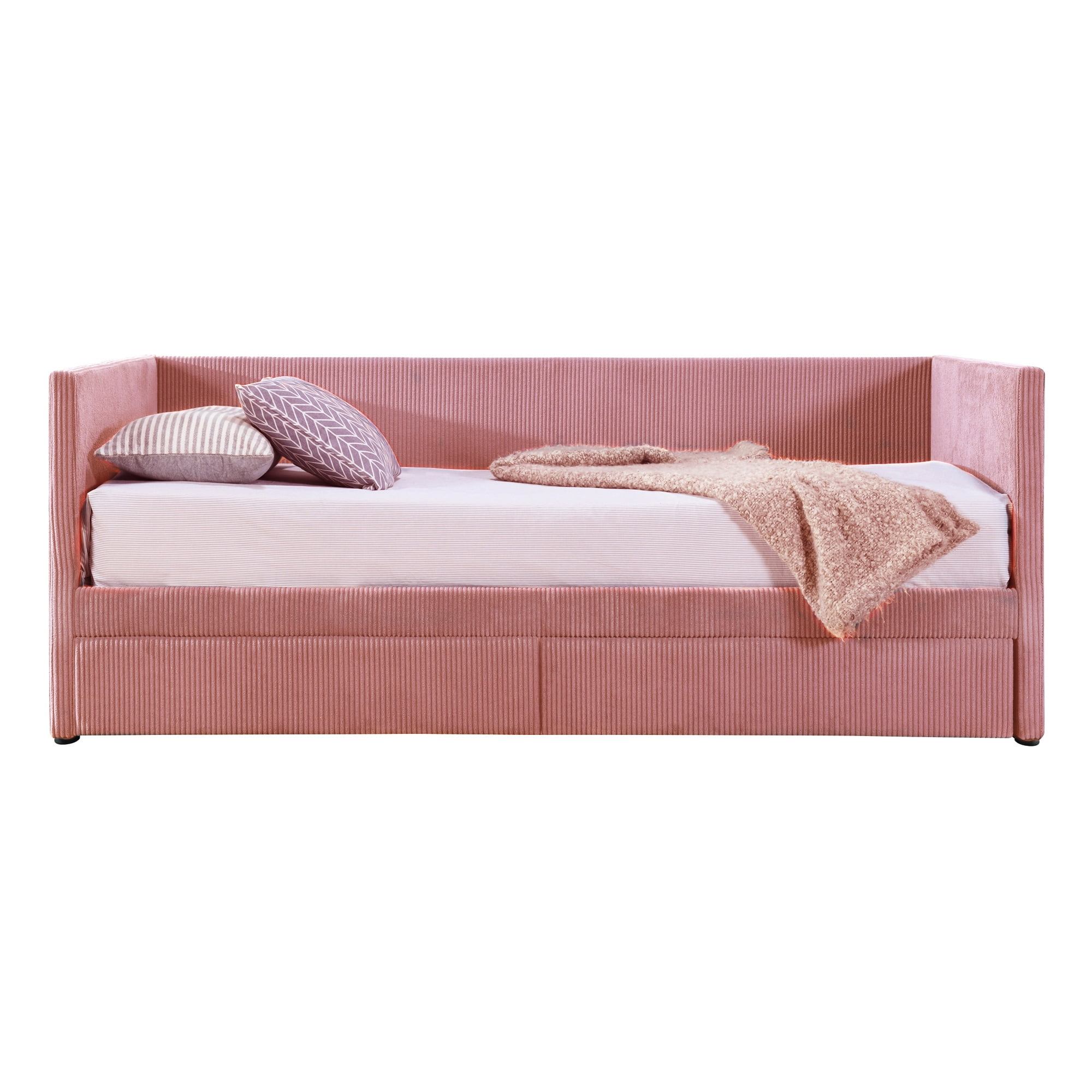 Modern Twin Size Upholstered Daybed with 2 Storage Drawers, Corduroy Fabric Daybed Sofa Bed Frame with Armrests and Wood Slat Support for Bedroom Living Room,Pink