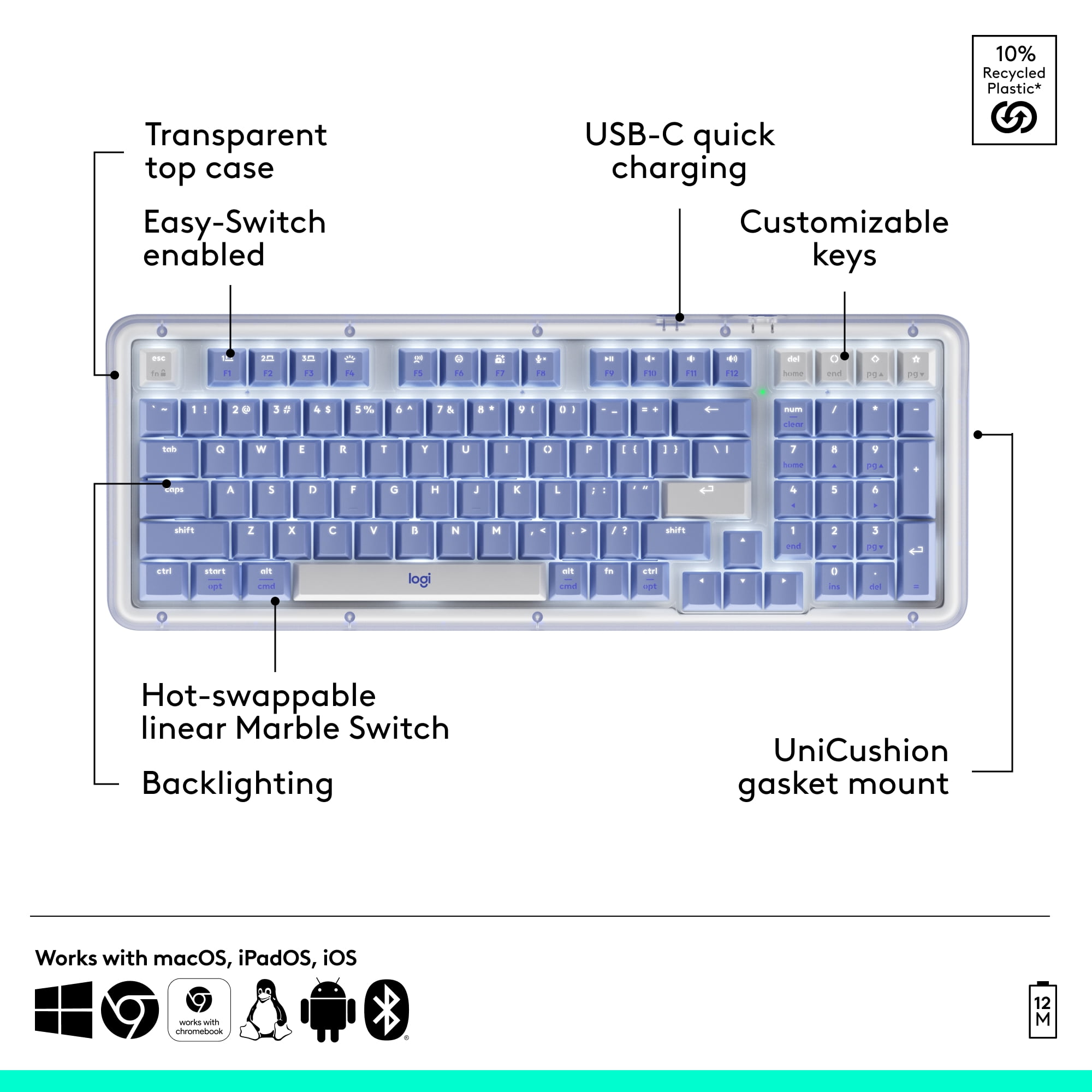 Logitech Alto Keys K98M wireless mechanical keyboard, customizable keyboard with vibration absorbing gasket, Bluetooth, Lilac
