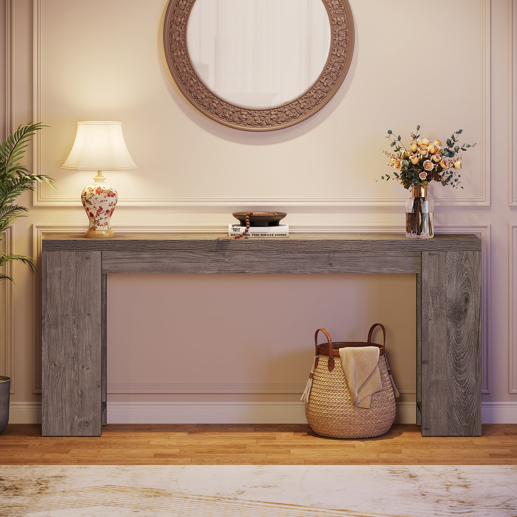 Finmind 71" Long Console Table, Narrow Light Grey Entryway Table Wood Sofa Table