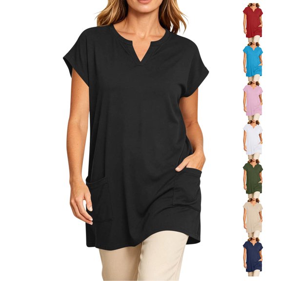 TGSLY Women's V Neck Tunic Tops Dressy Casual Short Sleeve Solid Color Shirts Relaxed A-Line Fit Curved Hem Blouses with Side Pockets M