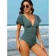 thumbnail image 3 of Charmo Womens Double V Neck Swimsuit Ruffled Shoulder One Piece Swimwear Tummy Control Bath Suit, 3 of 6