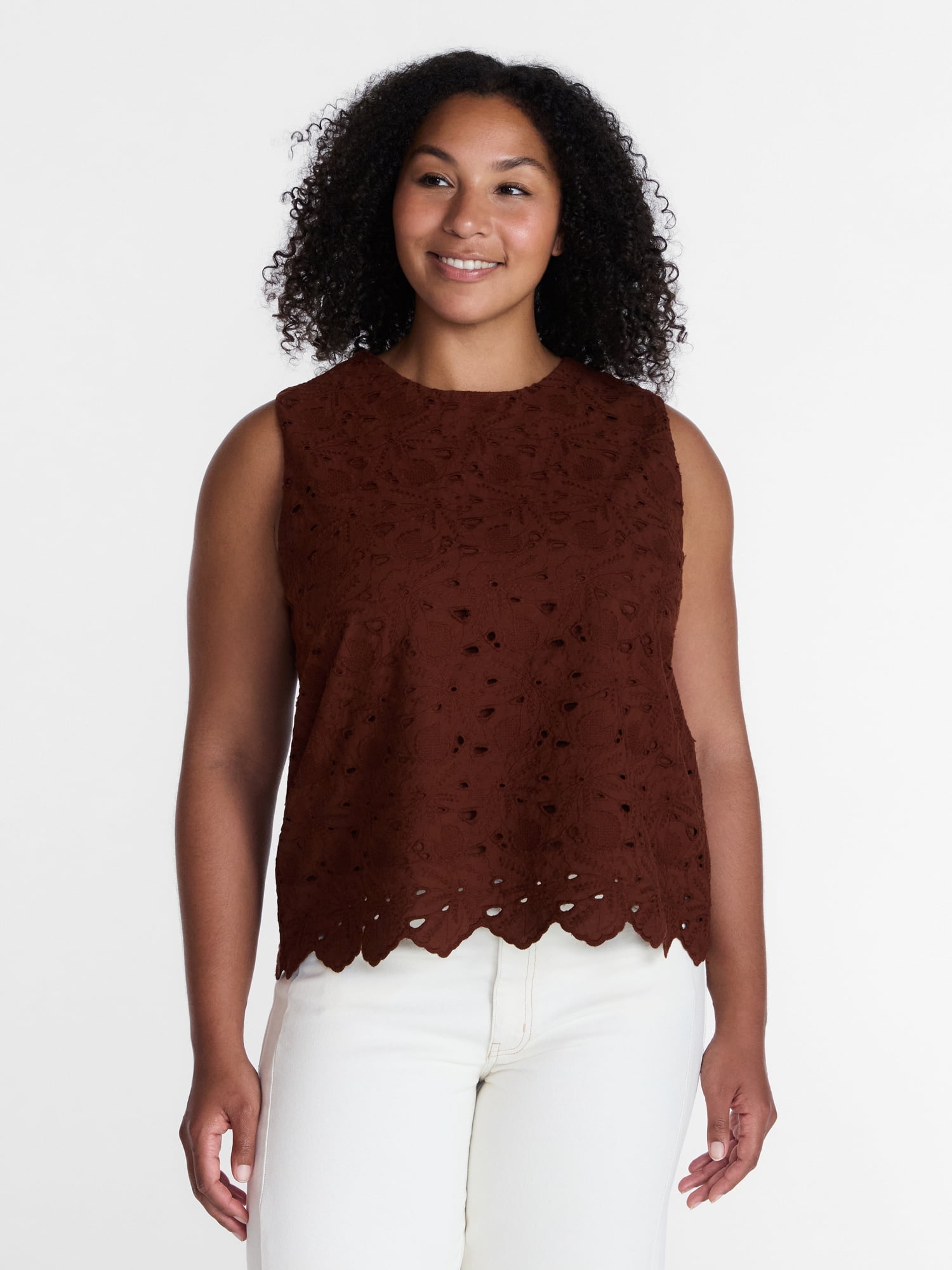Time and Tru Women’s and Women’s Plus Eyelet Embroidered Top, Sizes XS-4X