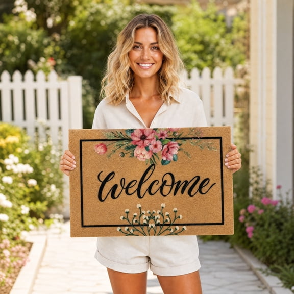 PiGOGI Tropical Natural Coir Doormat, Non Slip Durable Dirt Trapping Rubber Backing Gift Idea, for Entryway Porch Indoor Outdoor Laundry Room