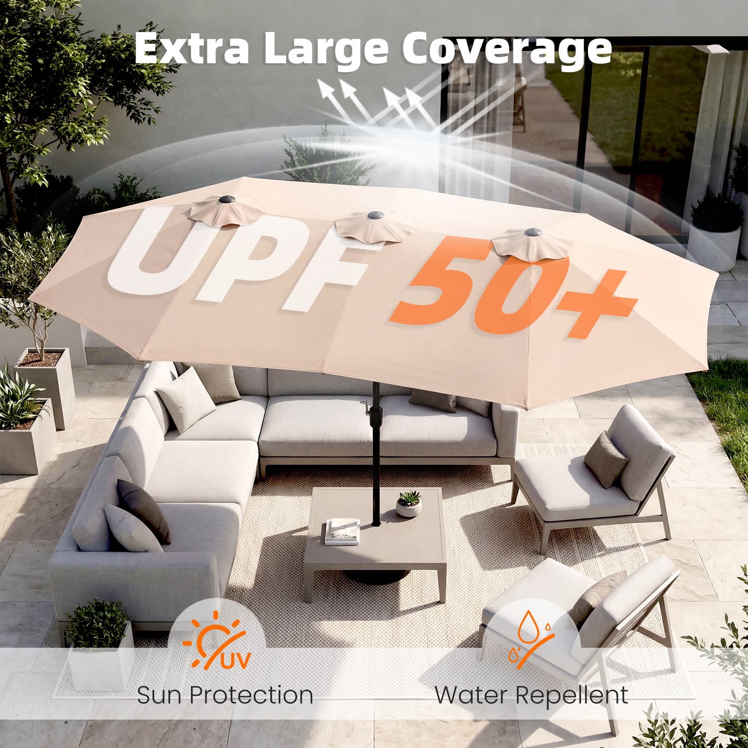 15ft Outdoor Patio Umbrella Extra-Large Double-Sided Garden Umbrella with Crank Handle - Beige