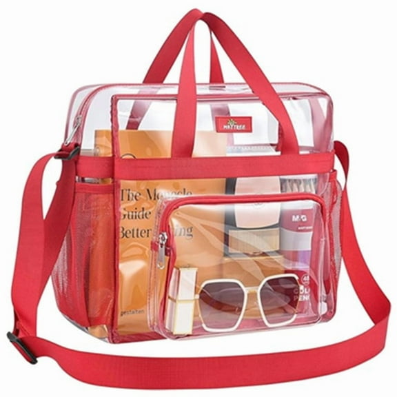 Clear Tote Bag Stadium Events Nylon Top Handle PVC Transparent Toiletry Large Shoulder Crossbody Travel Beach Concert(red)