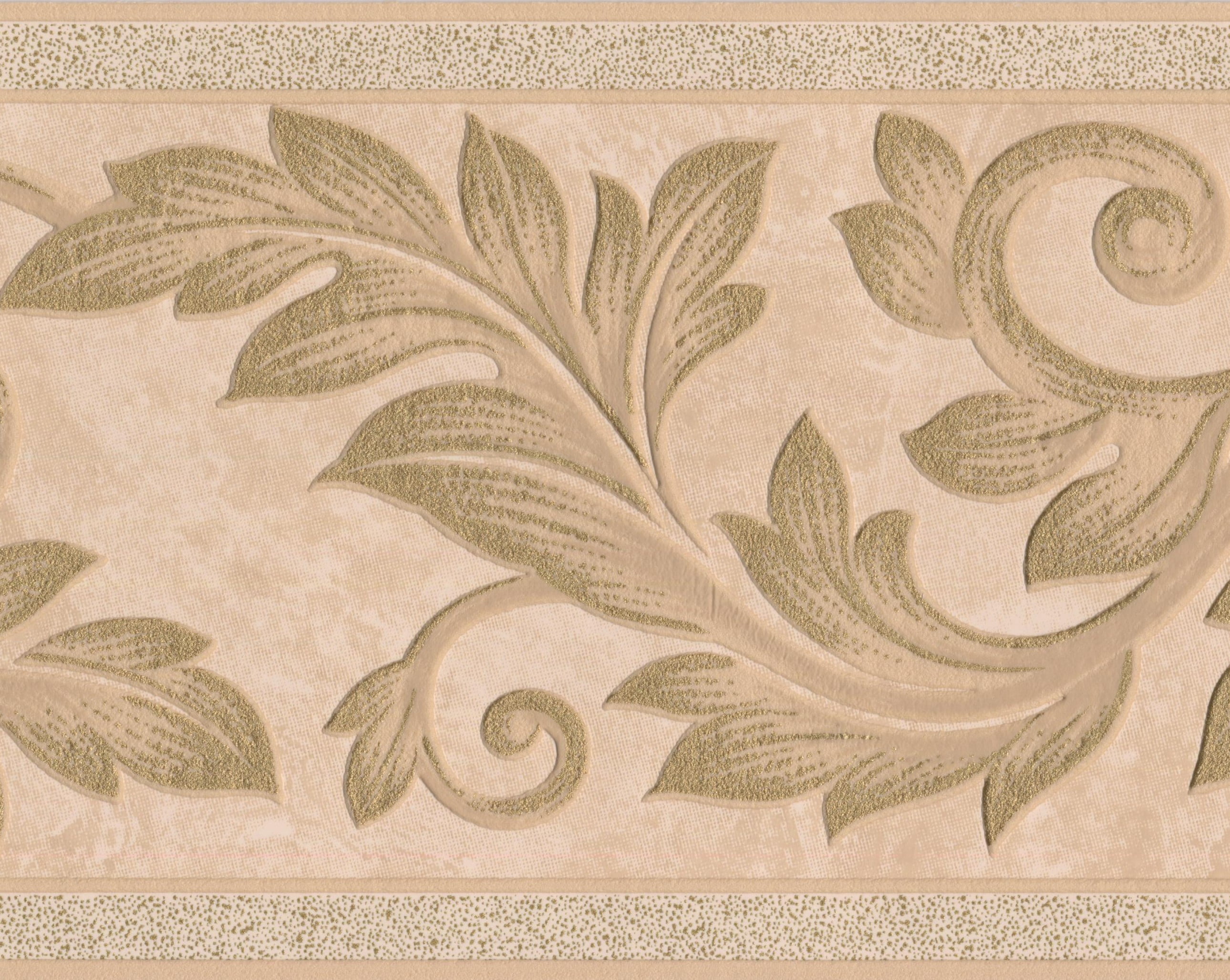 Green Vine Brown Beige Damask Wallpaper Border Retro Design, Roll 15' x