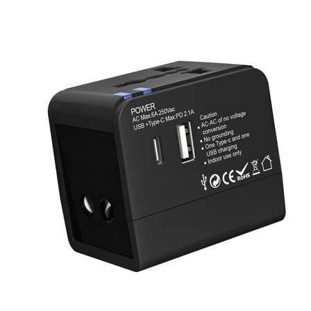 Travel Adapter with USB C, Universal All in One Worldwide Travel Adapter Power Converters Wall Charger AC Power Plug Adapter USB Type C Charging Ports for USA EU UK AUS Black