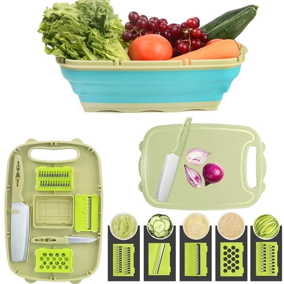 Keyohome Collapsible Cutting Board Set 9 in 1 Multifunctional Cutting Board with Colander Portable and Foldable Chopping Board for Outdoor Camping Picnic and Kitchen