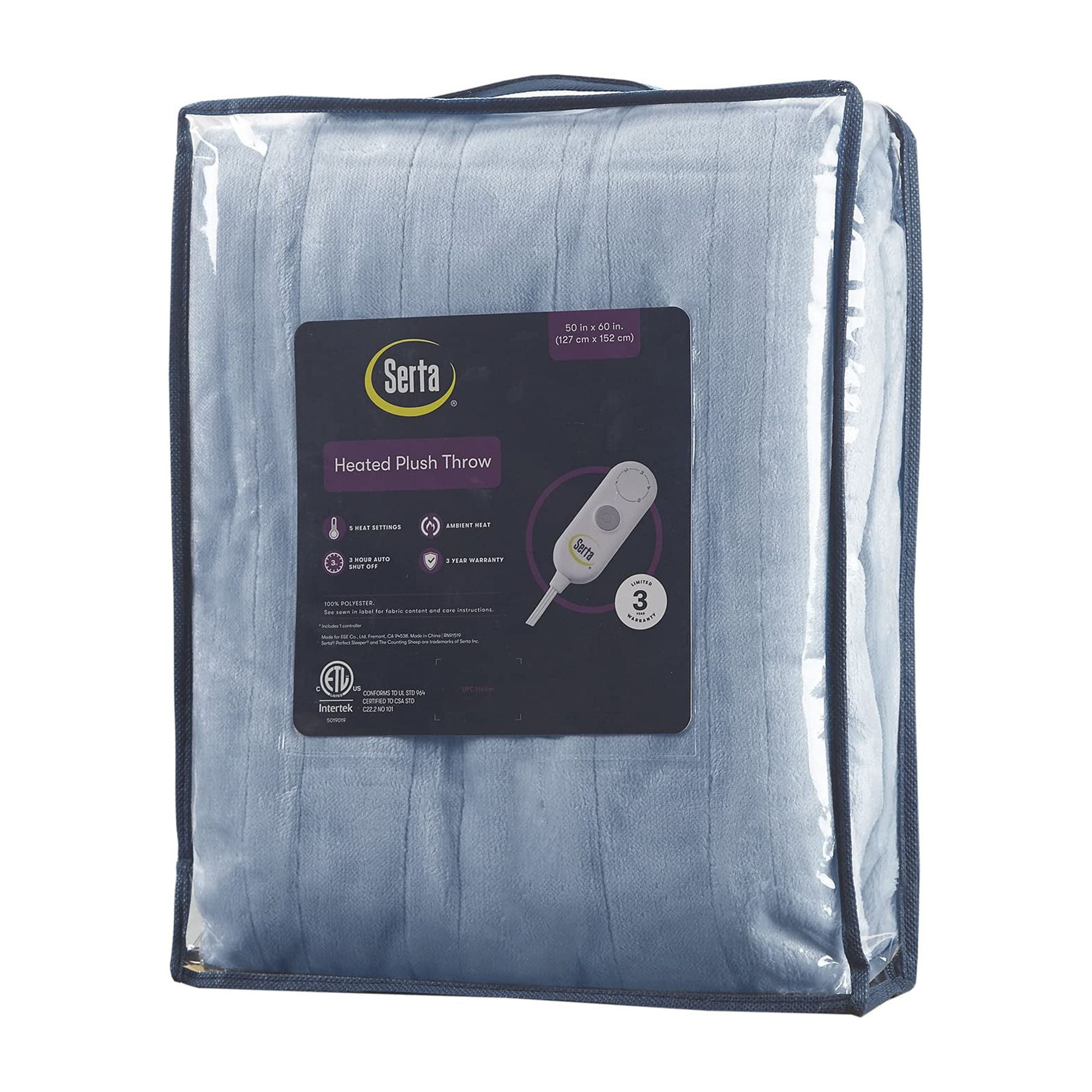 Serta Ultra Soft Plush Electric Throw Heated Blanket Bedding Sea Blue 50