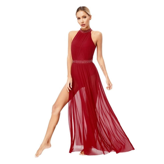 CHICTRY Womens Modern Lyrical Ballroom Dancewear Shiny Rhinestone Halter Leotard Split Maxi Sheer Flowy Tulle Dress Burgundy M