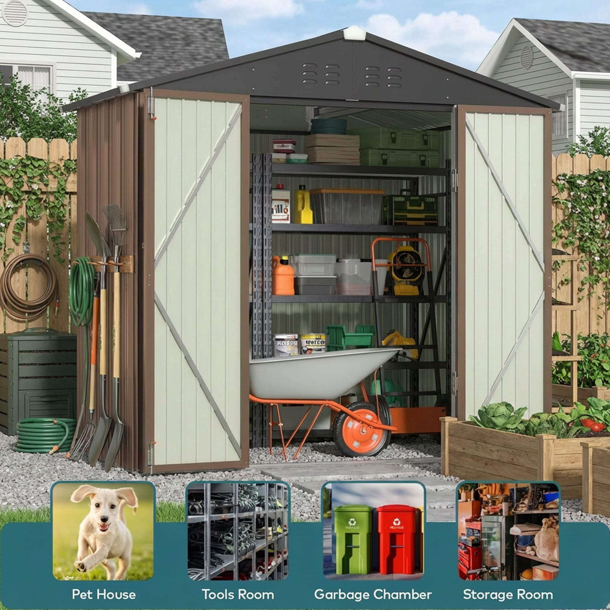 8' x 6' Outdoor Storage Shed with Lockable Double Doors, Weather-Resistant Iron Shed for Garden & Backyard, Brown