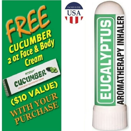 Earth Solutions Essential Oils Inhaler - Organic Aromatherapy Eucalyptus Nasal Inhaler - USDA Organic - Made with 100% Organic Essential Oils - with FREE Cucumber Face & Body Nourishing Cream by Sponix