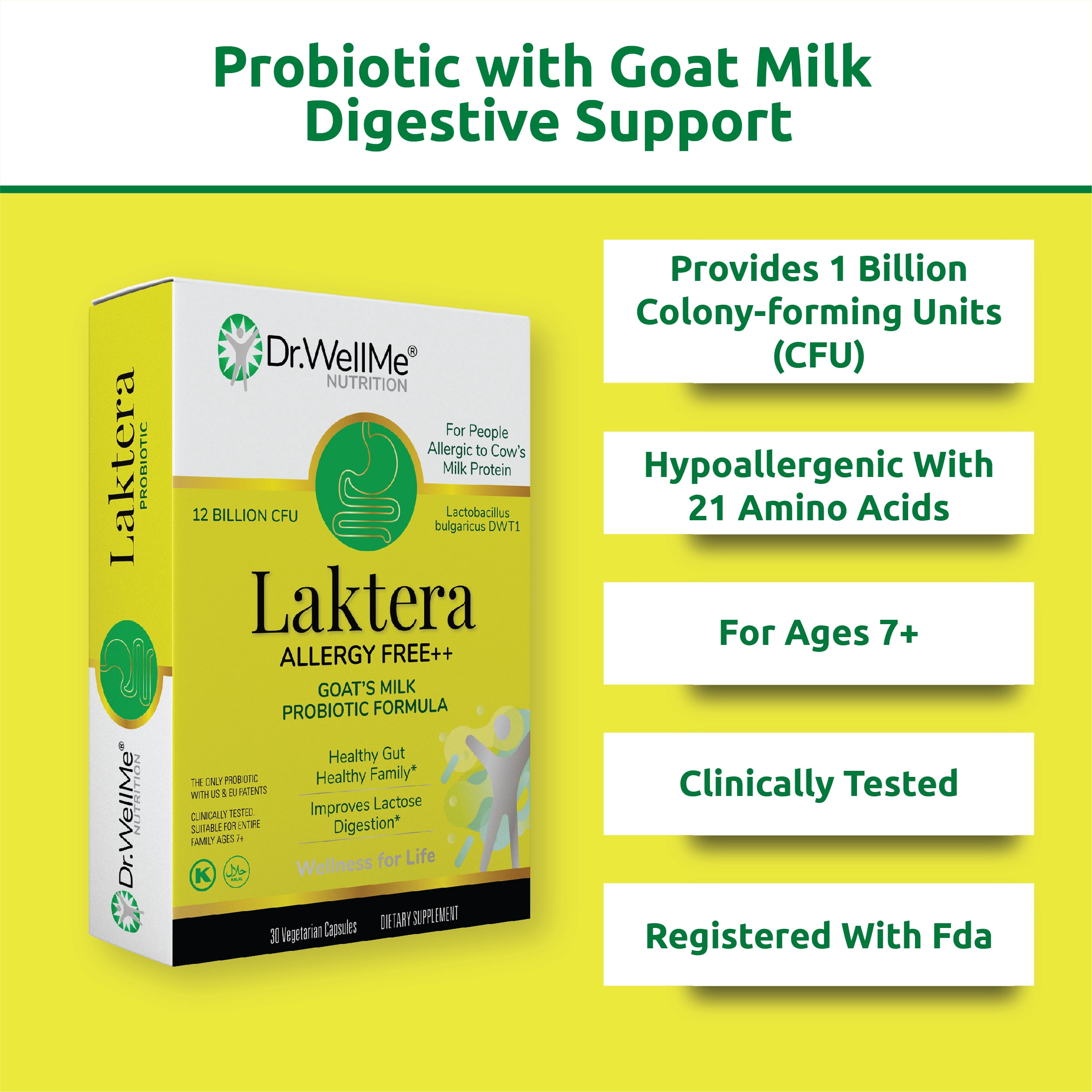 Dr. WellMe Laktera Allergy Free ++ Probiotics for Digestive Health, Immune Support & Gut Health Supplements - Low Lactose Goat’s Milk Probiotic Formula for Women & Men 30 Capsules